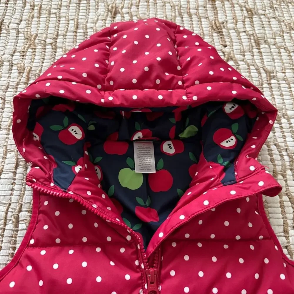 Gymboree Girls Hooded Reversible Puffer Vest Red White Polka Dot Apple Print 6